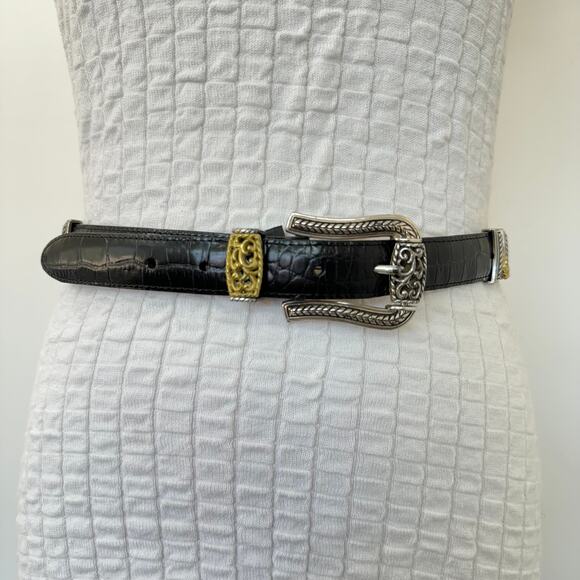 Brighton Marcus Reversible Leather Belt Brown Black Two Tone Gold Silver M/L - Picture 2 of 11